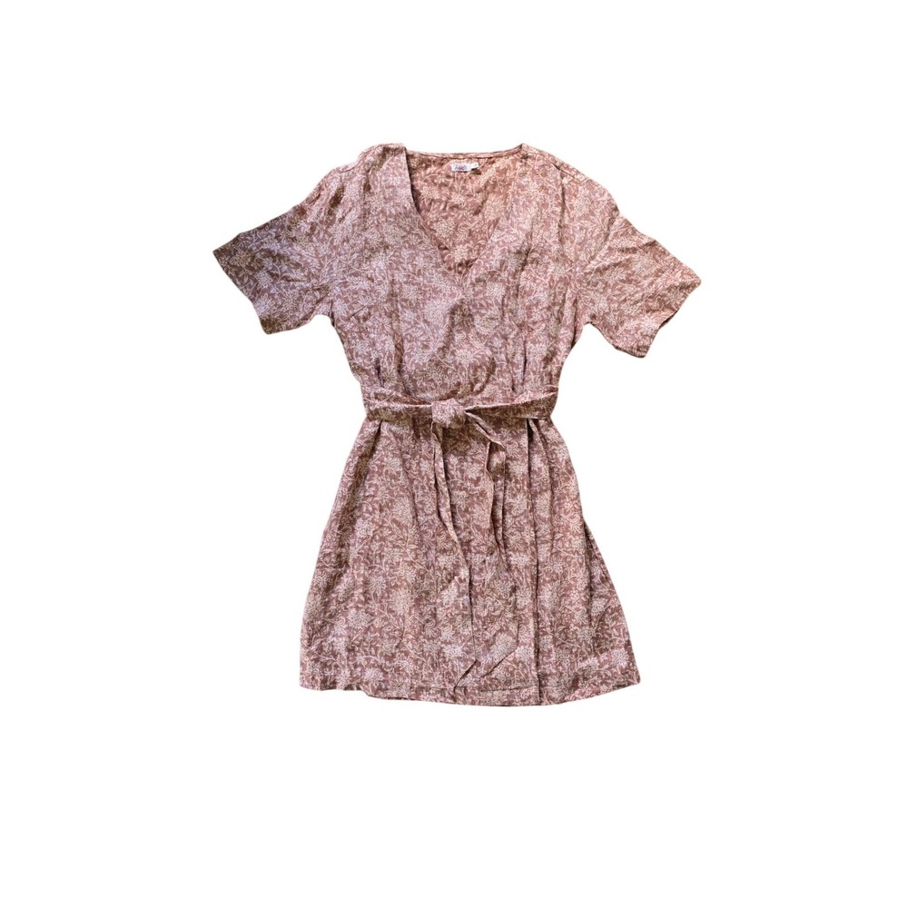 Faherty Ashley Linen Dress Bronze Riviera Floral Midi Wrap Skirt Size Large